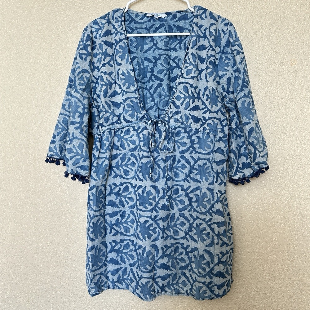 Blue Island Bathing Suit Cover Women's XL Short Sleeve Blue Floral Lightweight